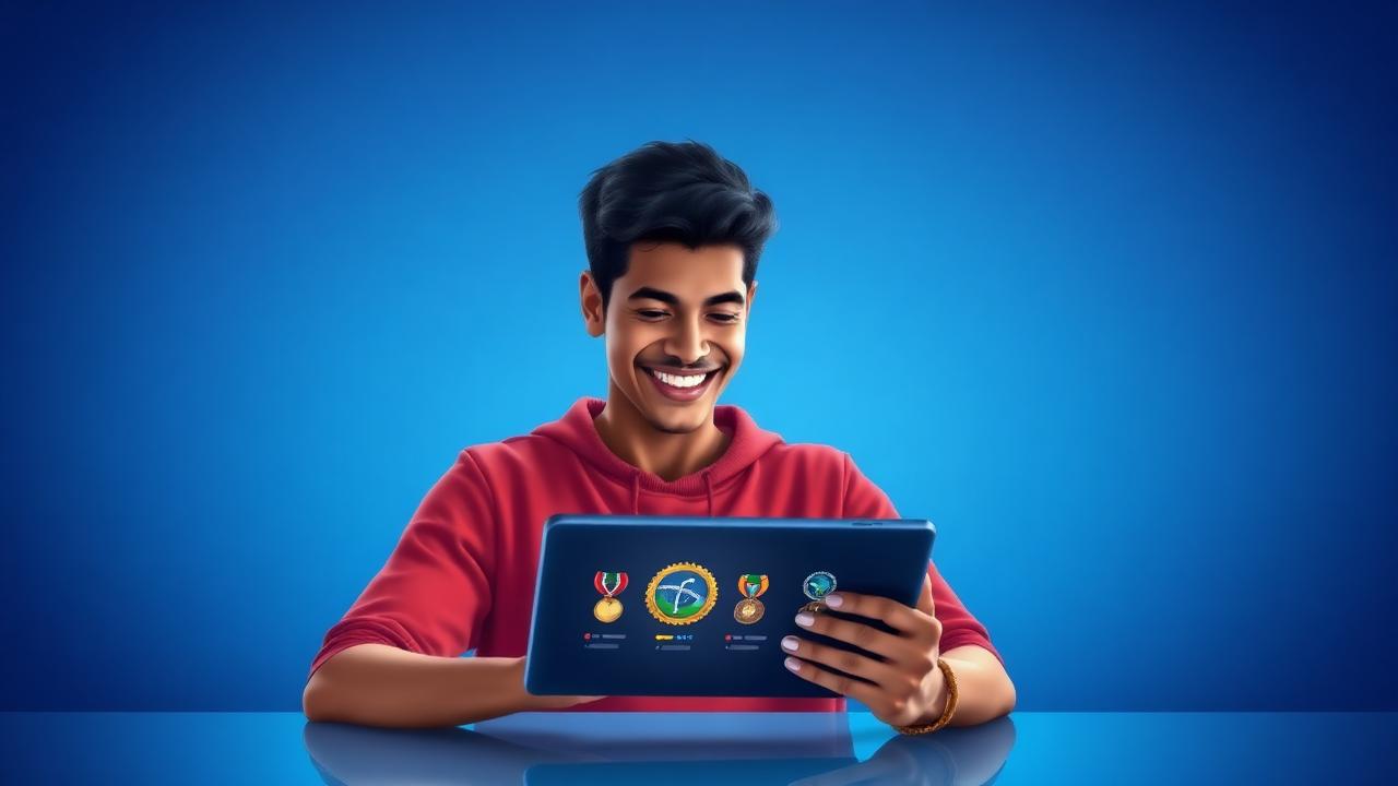 Estudante sorrindo usando tablet com trilha gamificada de aprendizado da Ensinando Aprender